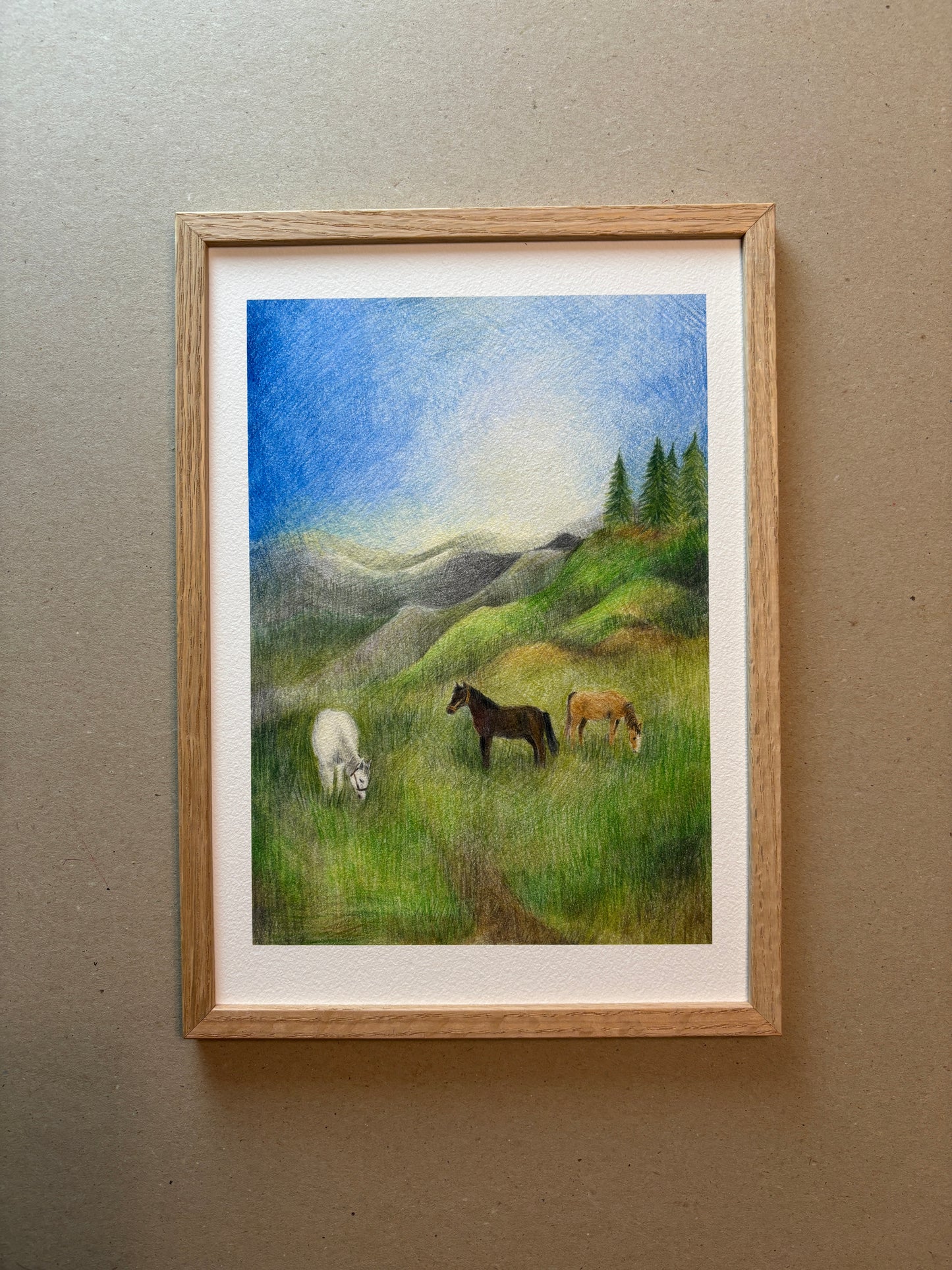 A4 Kunstdruck "Pferde" mit Rahmen Eiche