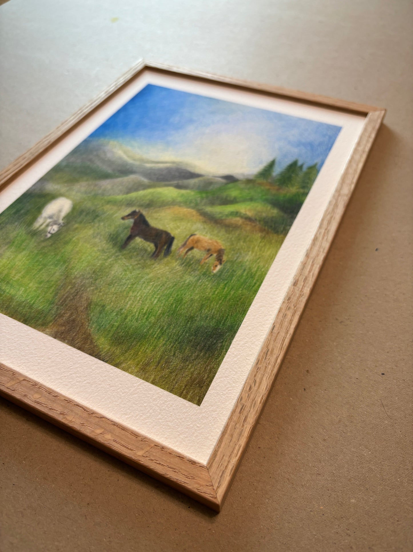 A4 Kunstdruck "Pferde" mit Rahmen Eiche