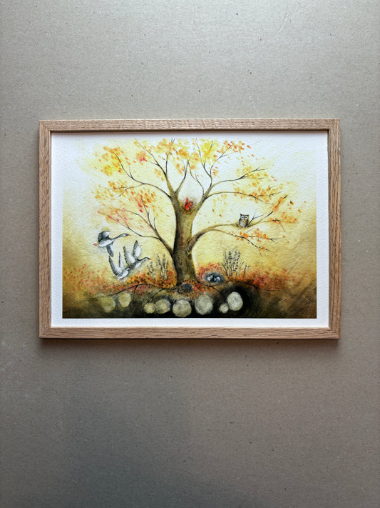 A4 Kunstdruck "4 Jahreszeiten - Herbst" mit Rahmen Eiche