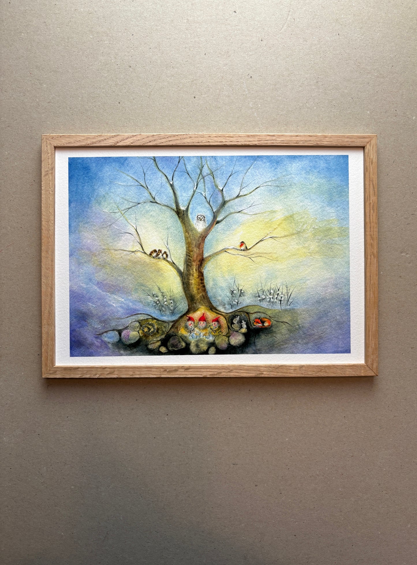 A4 Kunstdruck "4 Jahreszeiten - Winter" mit Rahmen Eiche