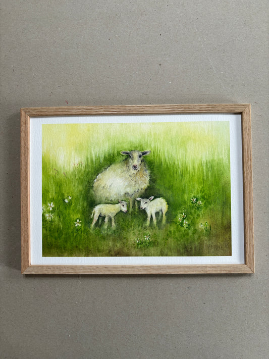 A4 Kunstdruck "Schaf mit Lämmern" mit Rahmen Eiche