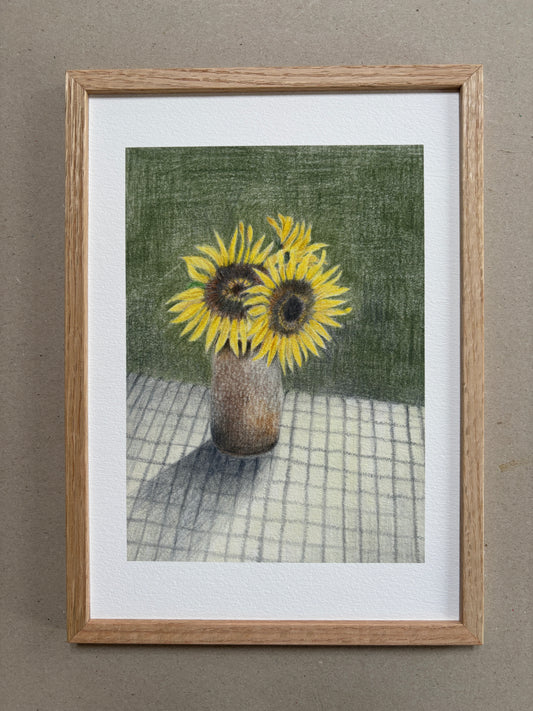 A4 Kunstdruck "Sonnenblume" mit Rahmen Eiche