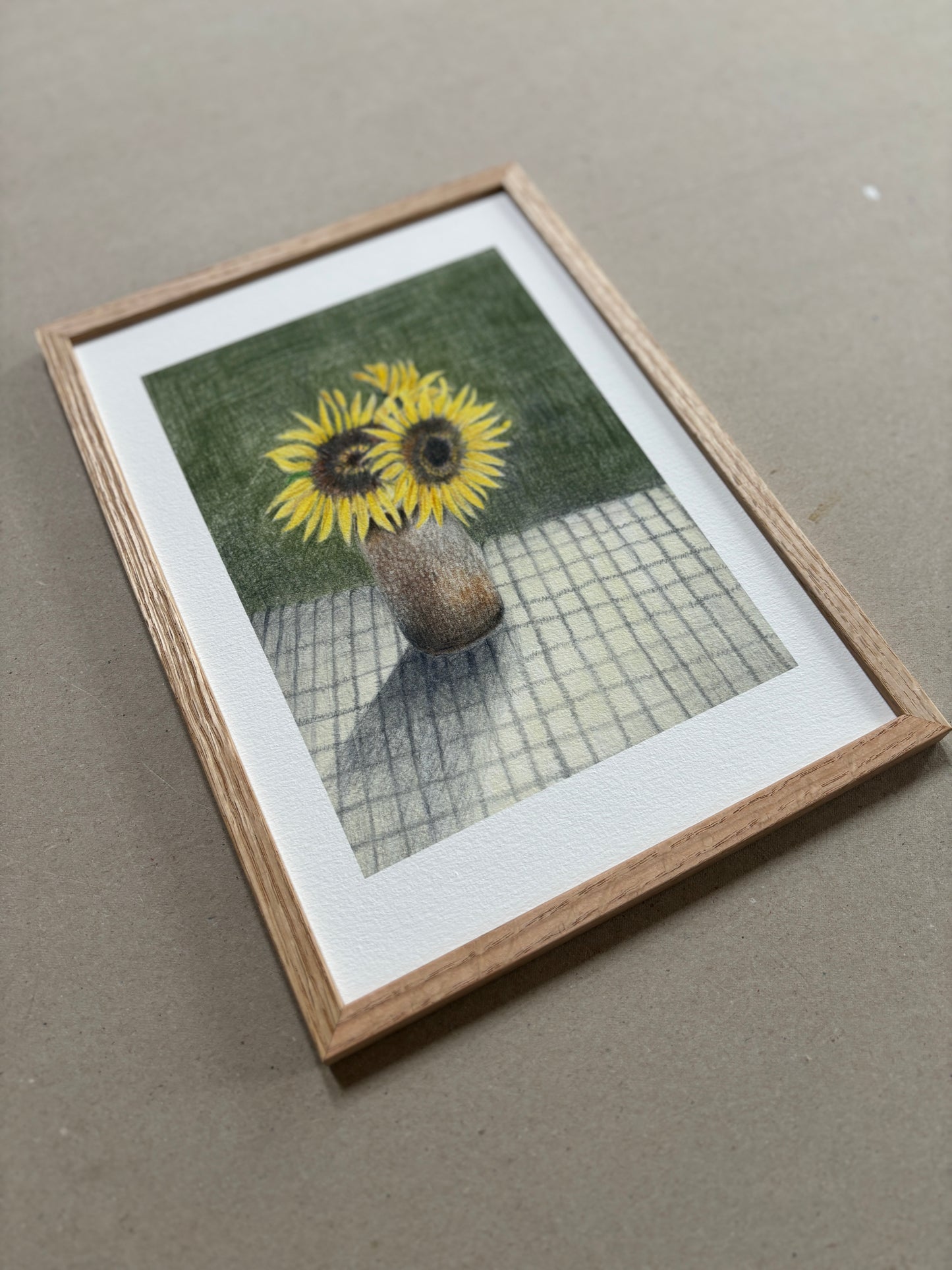 A4 Kunstdruck "Sonnenblume" mit Rahmen Eiche