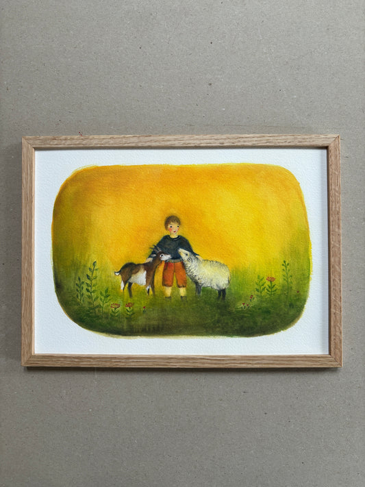 A4 Kunstdruck "Kind mit Schaf" mit Rahmen Eiche