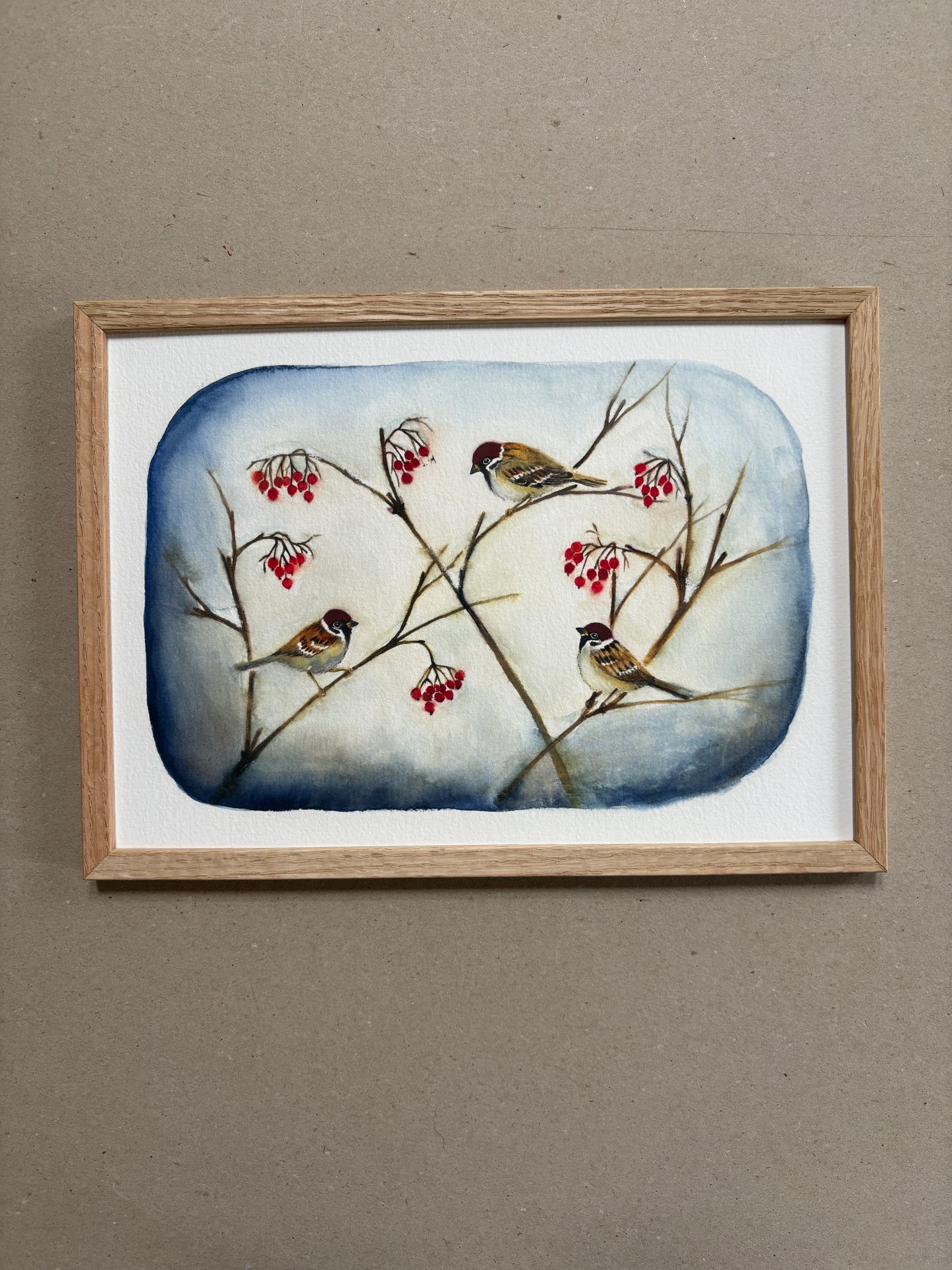 A4 Kunstdruck "Spatzen im Winter" mit Rahmen Eiche