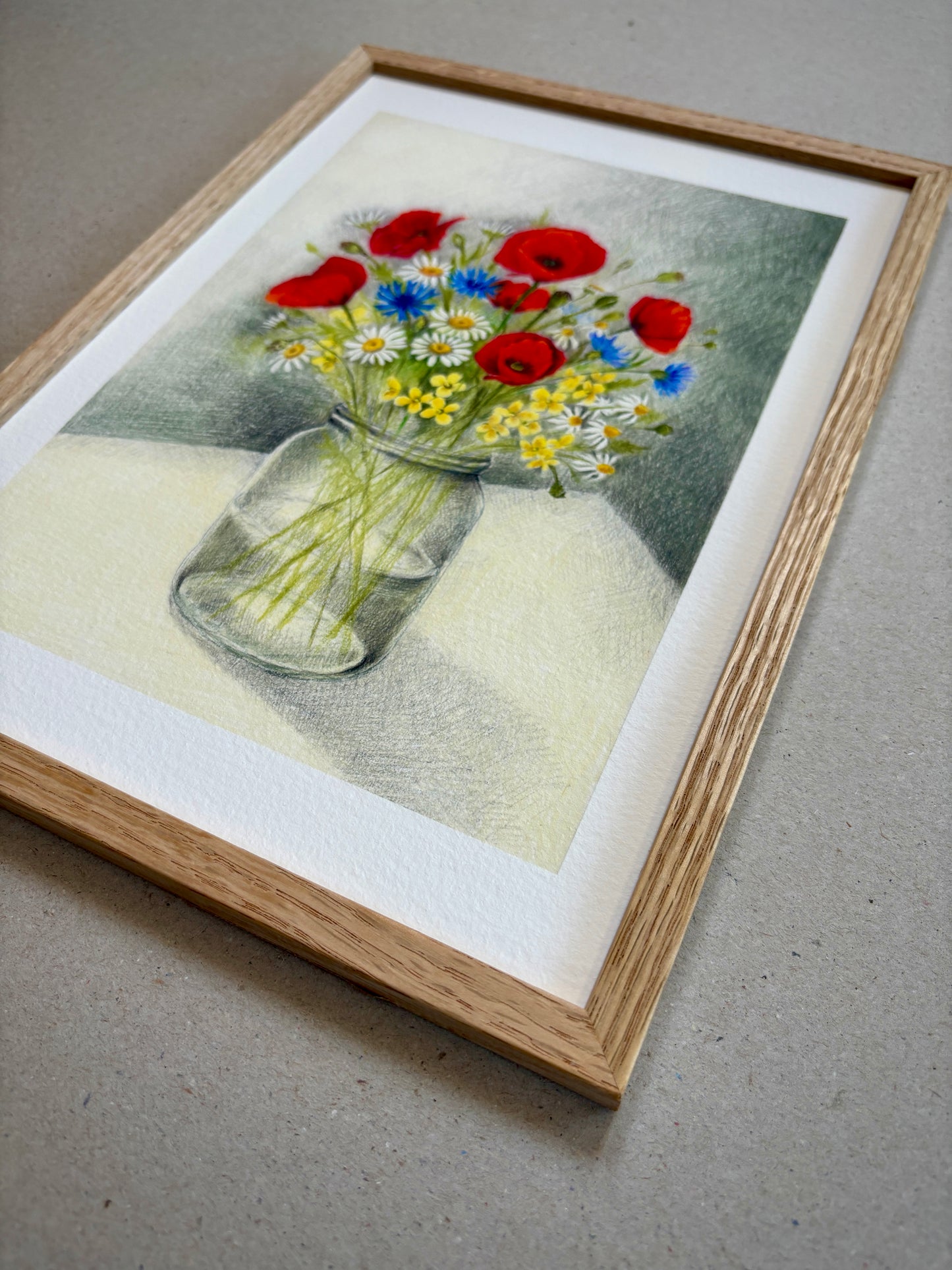 A4 Kunstdruck "Sommerblumen" mit Rahmen Eiche