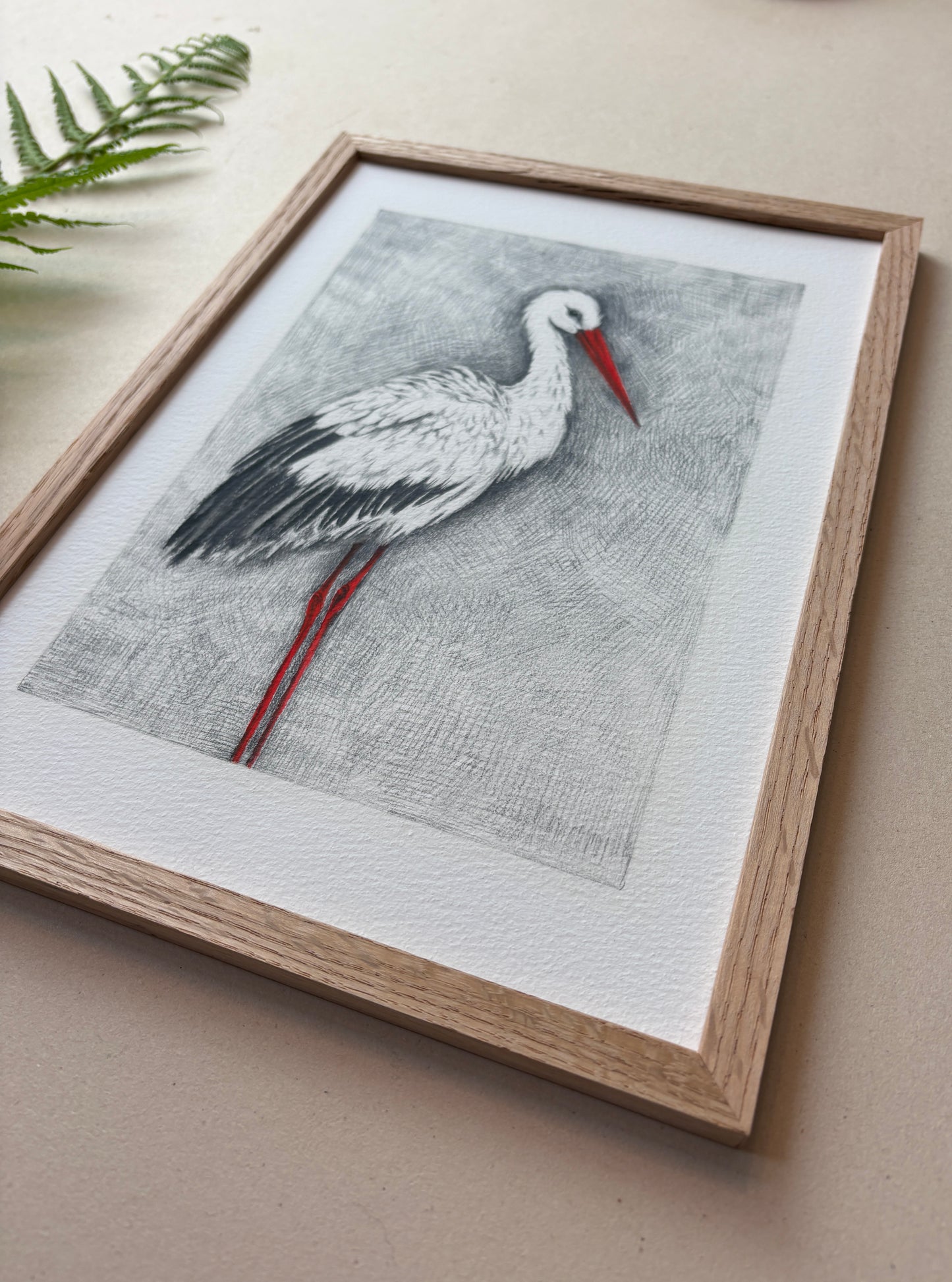A4 Kunstdruck "Storch" mit Rahmen Eiche