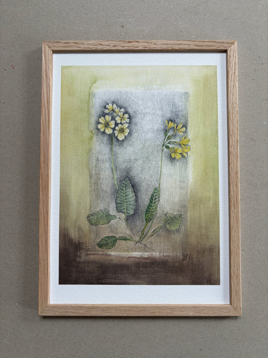 A4 Kunstdruck "Schlüsselblume" mit Rahmen Eiche