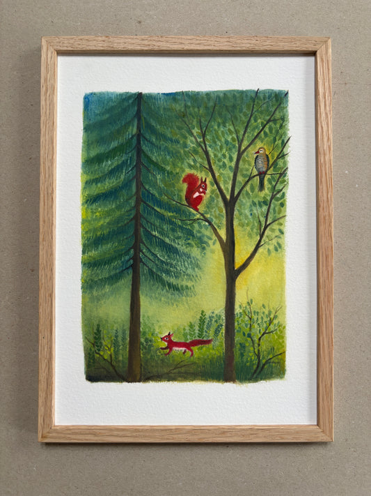 A4 Kunstdruck "Wald mit Fuchs und Eichhörnchen" mit Rahmen Eiche