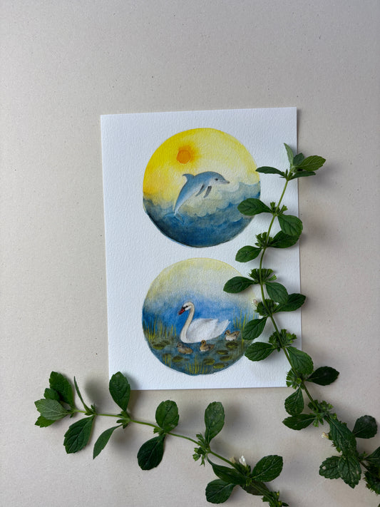 Wunderschöne Tiermotive "Delfin und Schwanen" zum ausdrucken