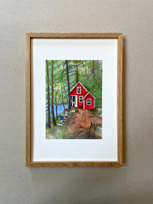 A4 Kunstdruck "Rotes Haus" mit Rahmen Eiche