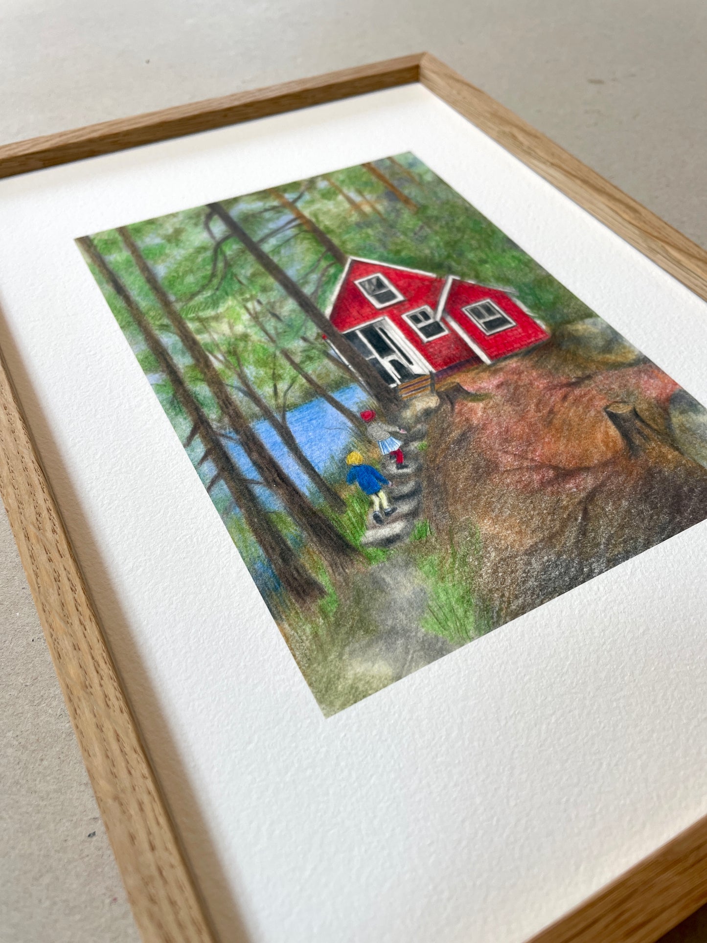 A4 Kunstdruck "Rotes Haus" mit Rahmen Eiche