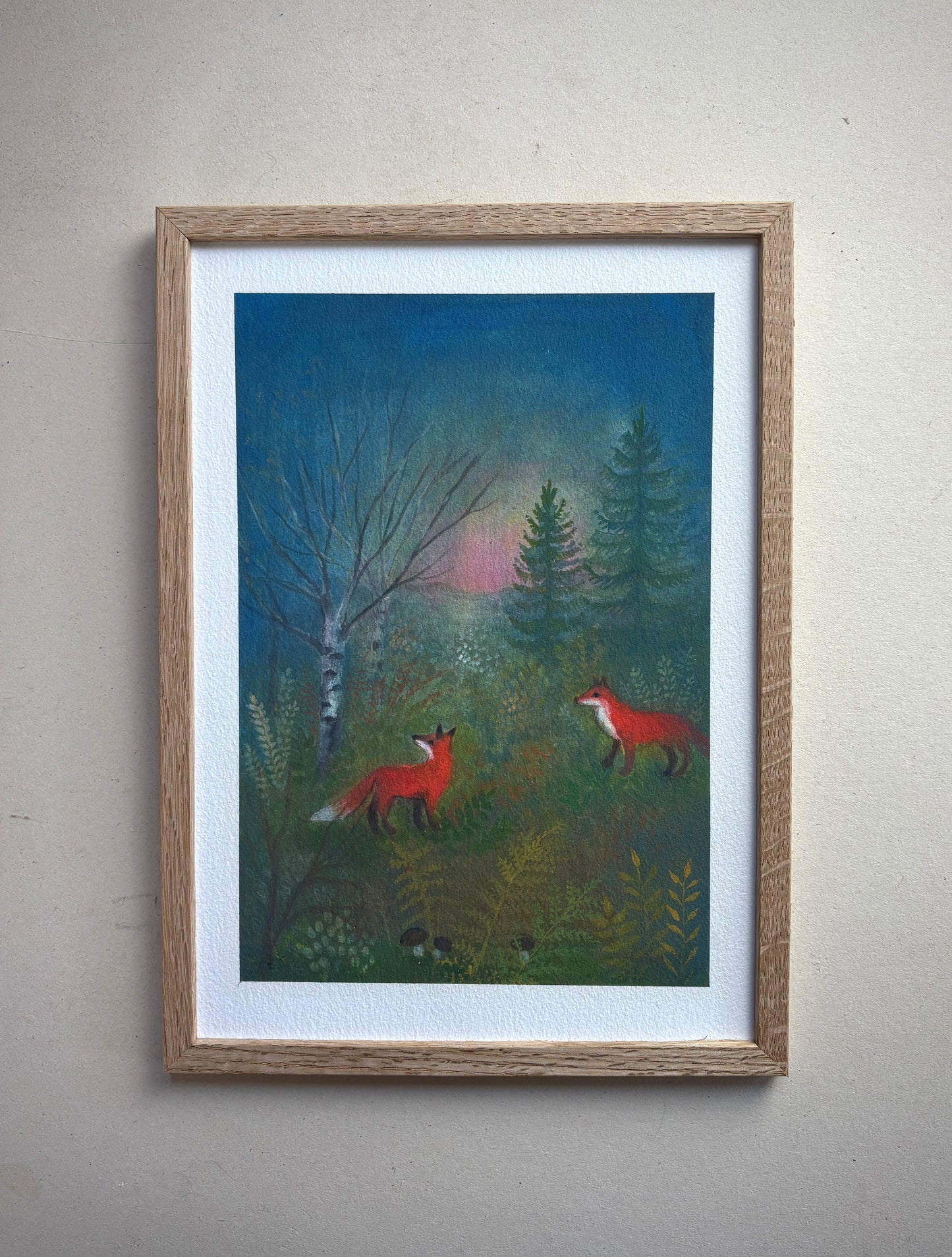 A4 Kunstdruck "Zwei Füchse im Wald" mit Rahmen Eiche