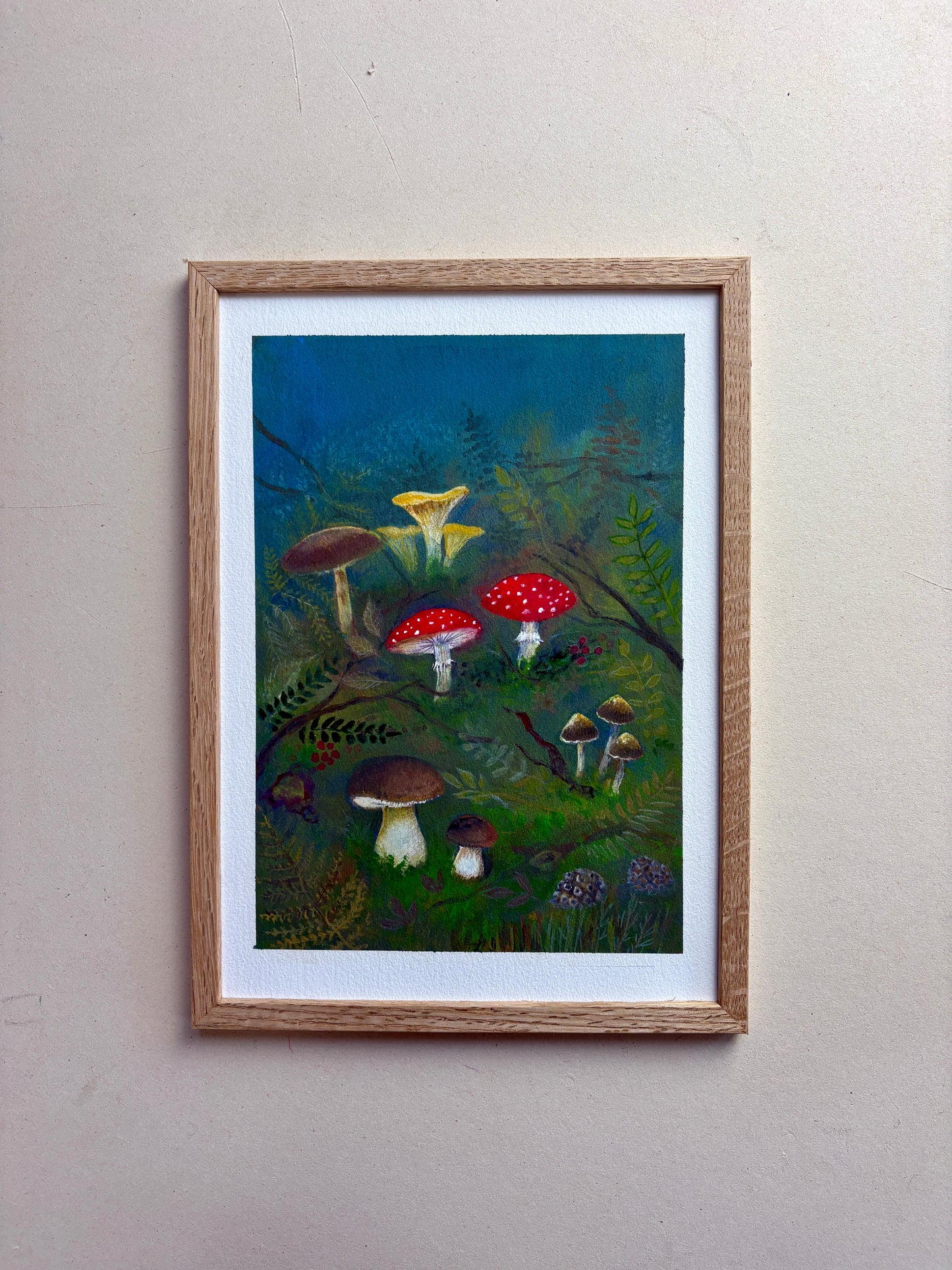 A4 Kunstdruck "Pilze" mit Rahmen Eiche