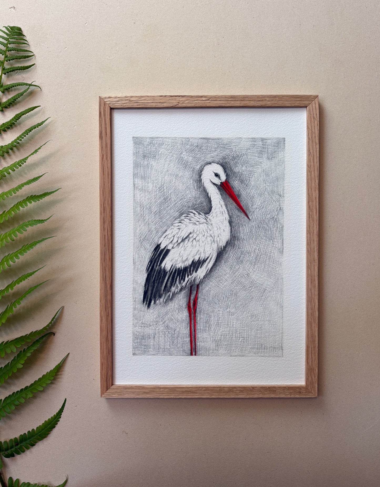 A4 Kunstdruck "Storch" mit Rahmen Eiche