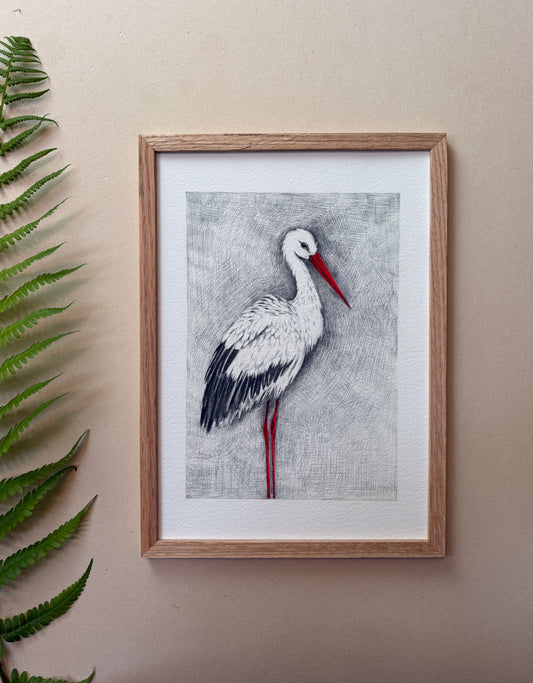 A4 Kunstdruck "Storch" mit Rahmen Eiche
