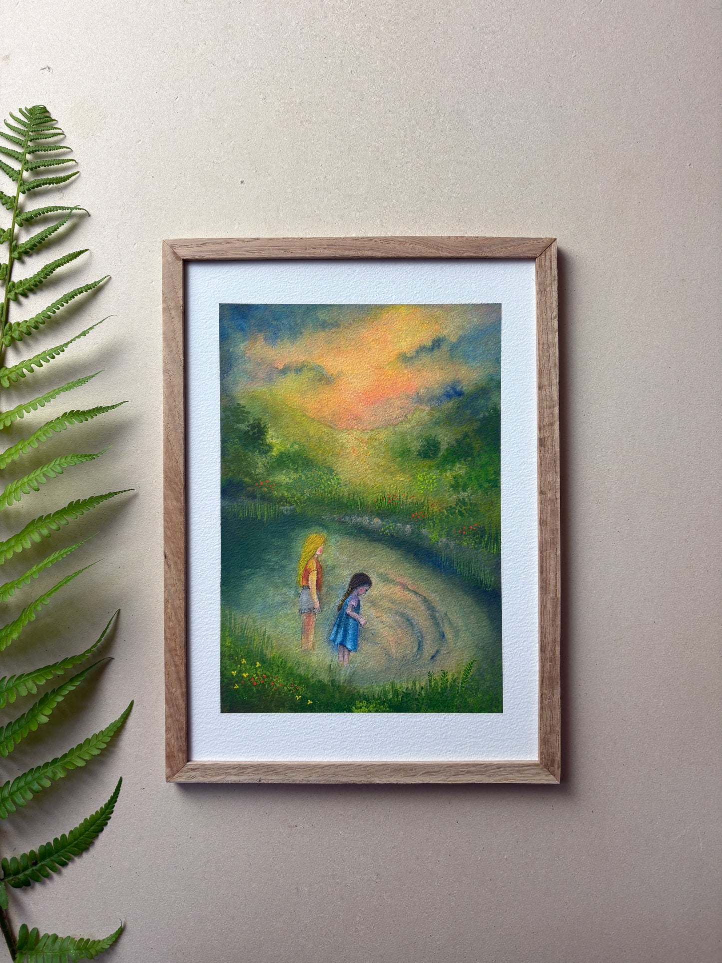 A4 Kunstdruck "Kinder am Wasser" mit Rahmen Eiche