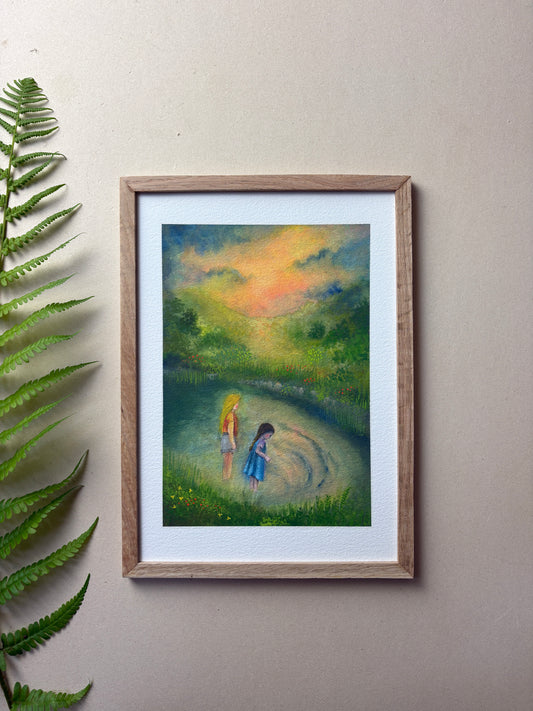 A4 Kunstdruck "Kinder am Wasser" mit Rahmen Eiche