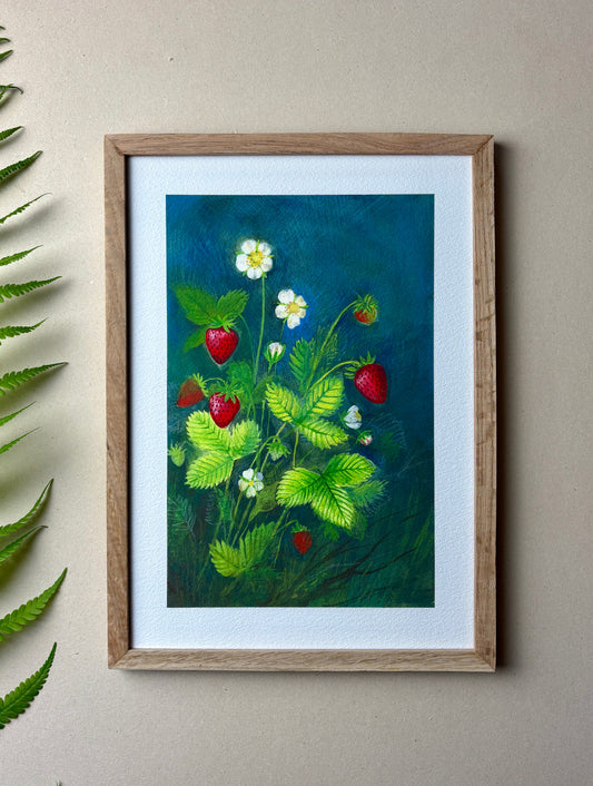 A4 Kunstdruck "Erdbeerpflanze" mit Rahmen Eiche