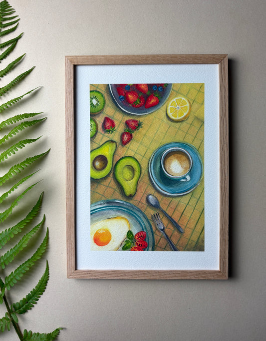 A4 Kunstdruck "Frühstück" mit Rahmen Eiche