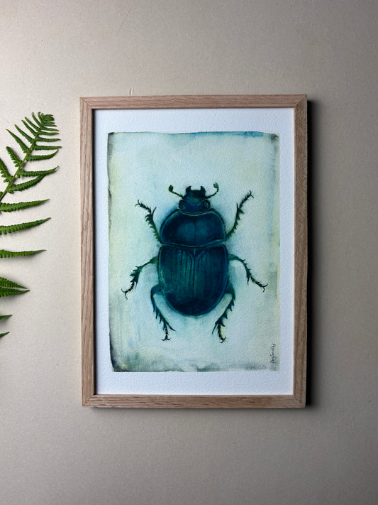 A4 Kunstdruck "Mistkäfer" mit Rahmen Eiche